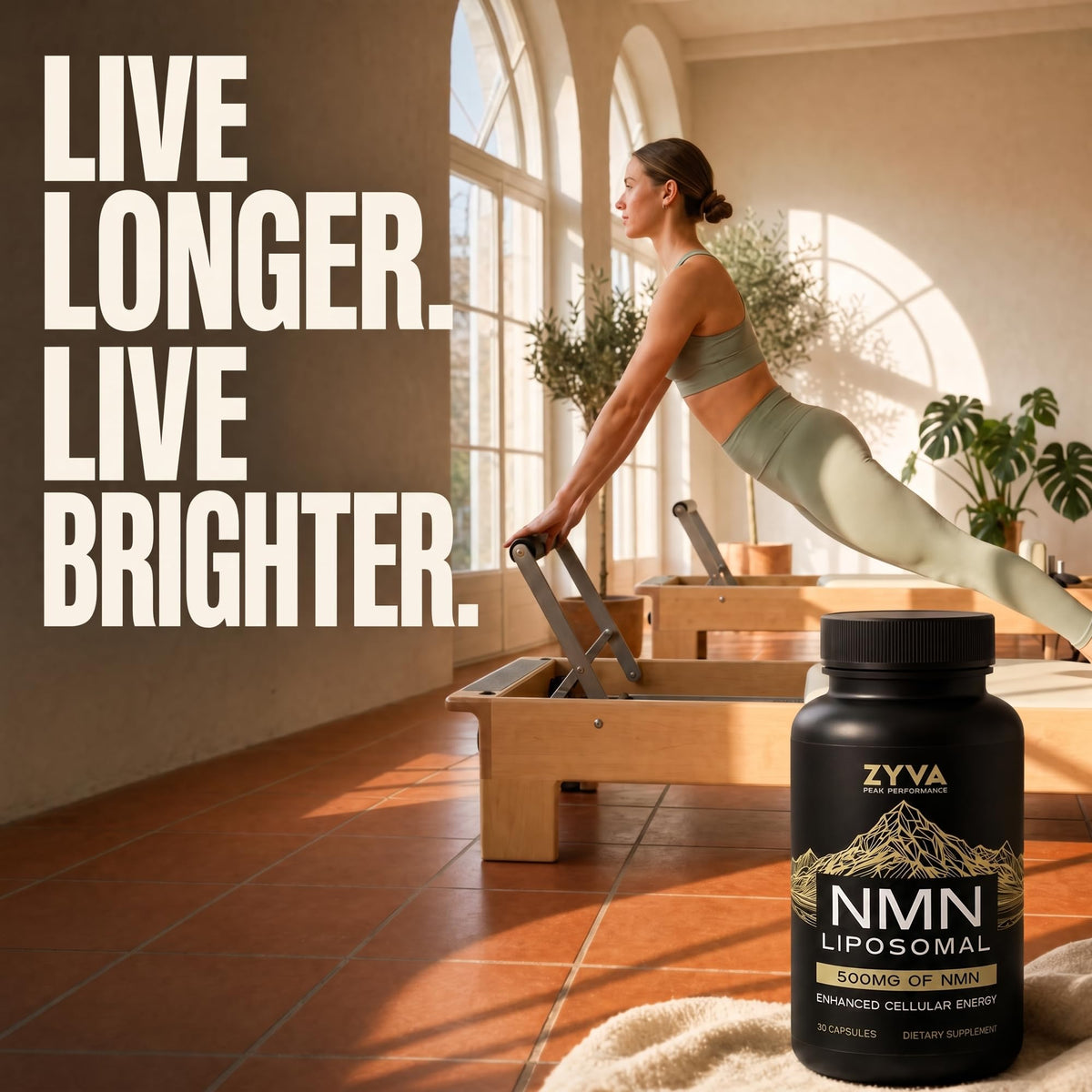 ZYVA Liposomal NMN 500mg capsules on a wooden table