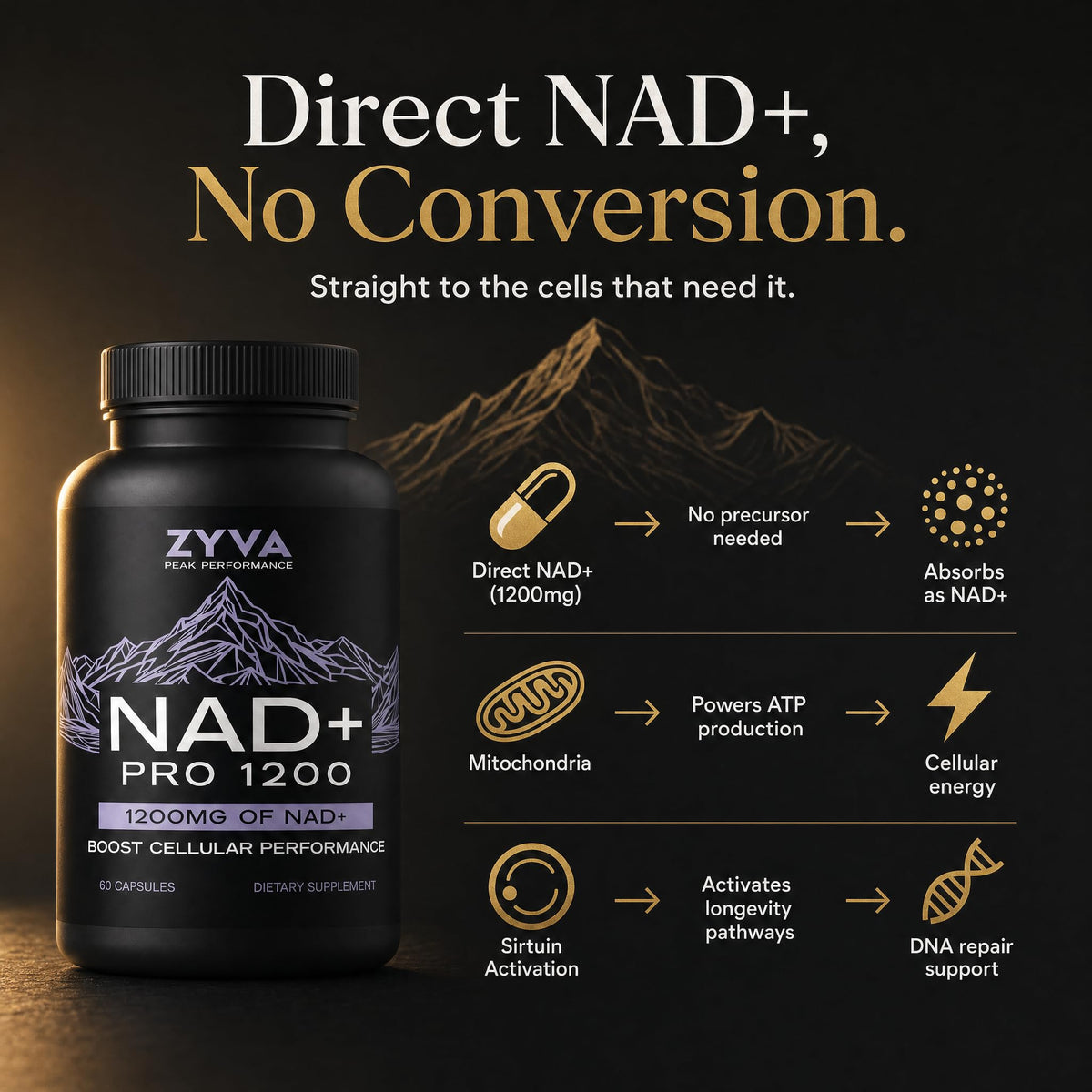 ZYVA NAD+ Pro 1200 capsules vegan montrant la taille et la forme