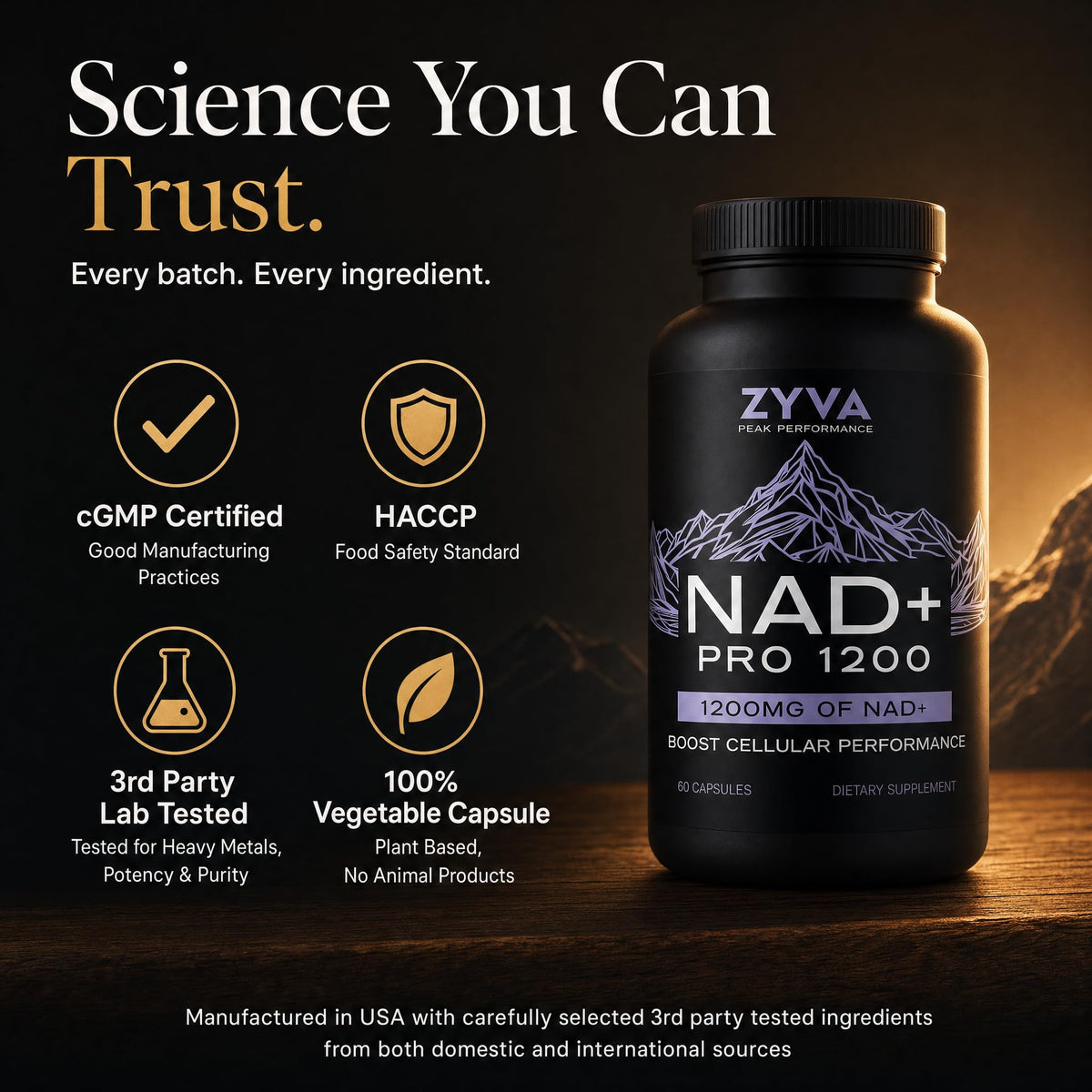 ZYVA NAD+ Pro 1200 étiquette avec ingrédients et instructions