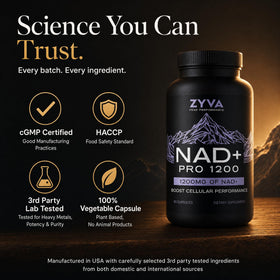 ZYVA NAD+ Pro 1200 étiquette avec ingrédients et instructions