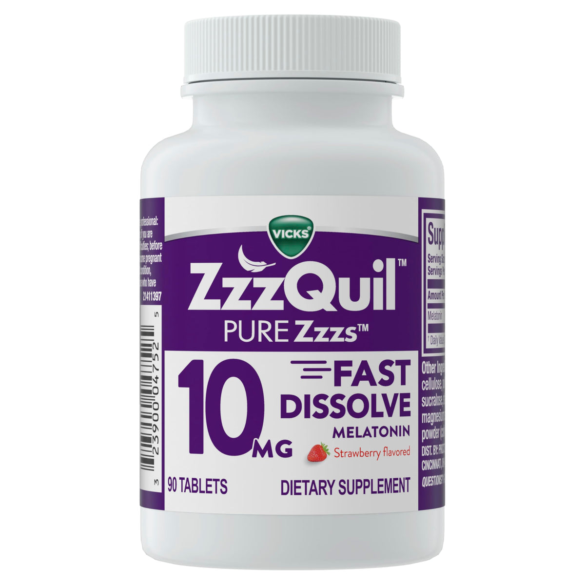 ZzzQuil Complément Alimentaire Sommeil 10mg Melatonine Fraise, côté de la boîte