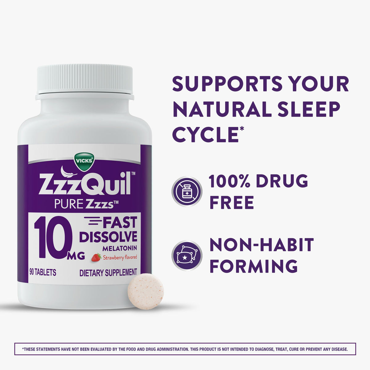 ZzzQuil Complément Sommeil 10mg Melatonine Fraise, comprimés en gros plan