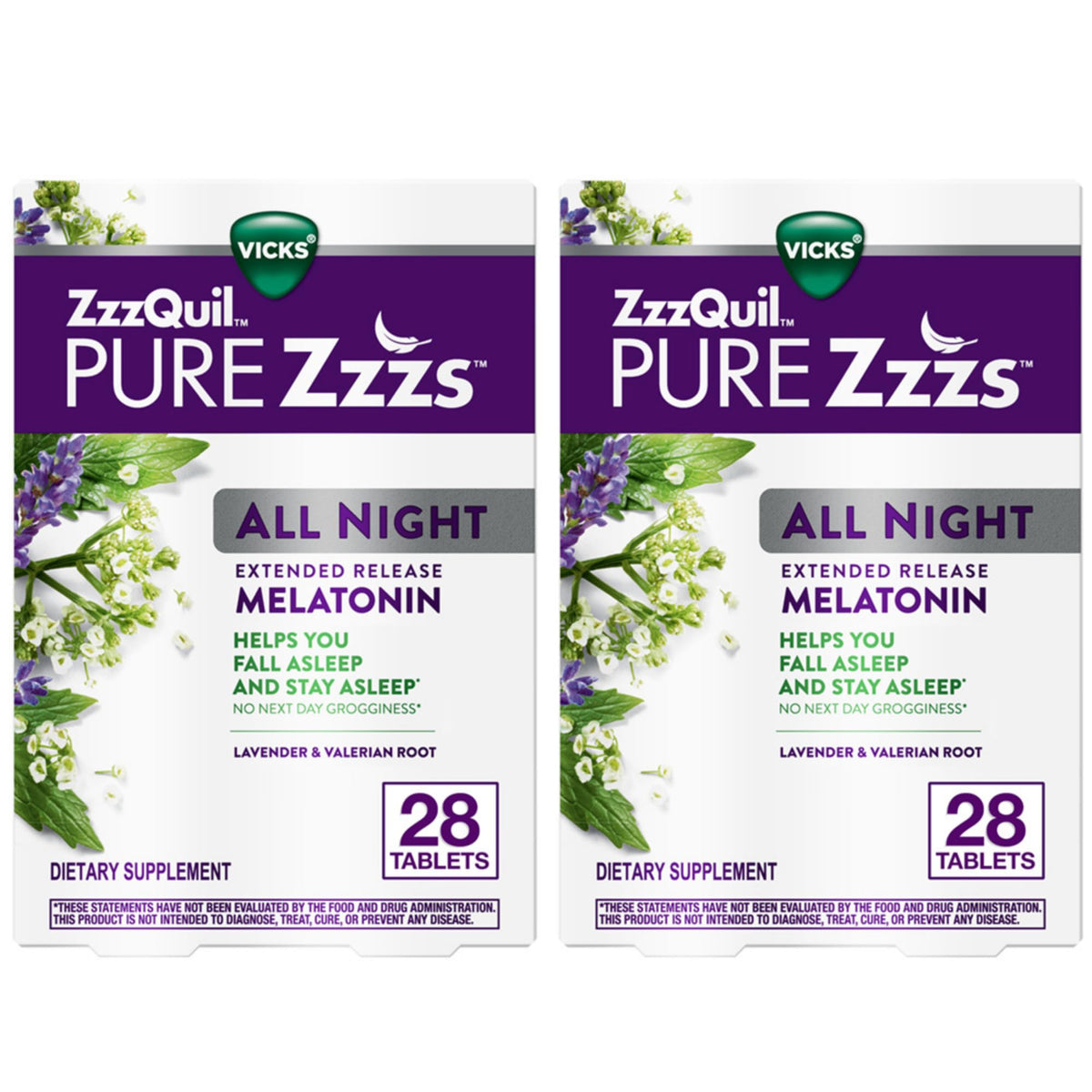 ZzzQuil Pure Zzzs All Night comprimés de mélatonine 2 mg, emballage avant