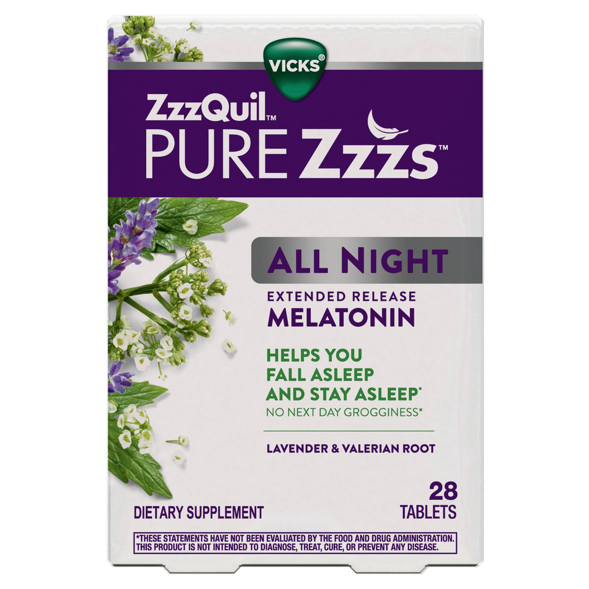 ZzzQuil Pure Zzzs All Night comprimés de mélatonine 2 mg, ingrédients principaux