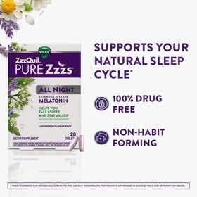 ZzzQuil Pure Zzzs All Night comprimés de mélatonine 2 mg, présentation des comprimés